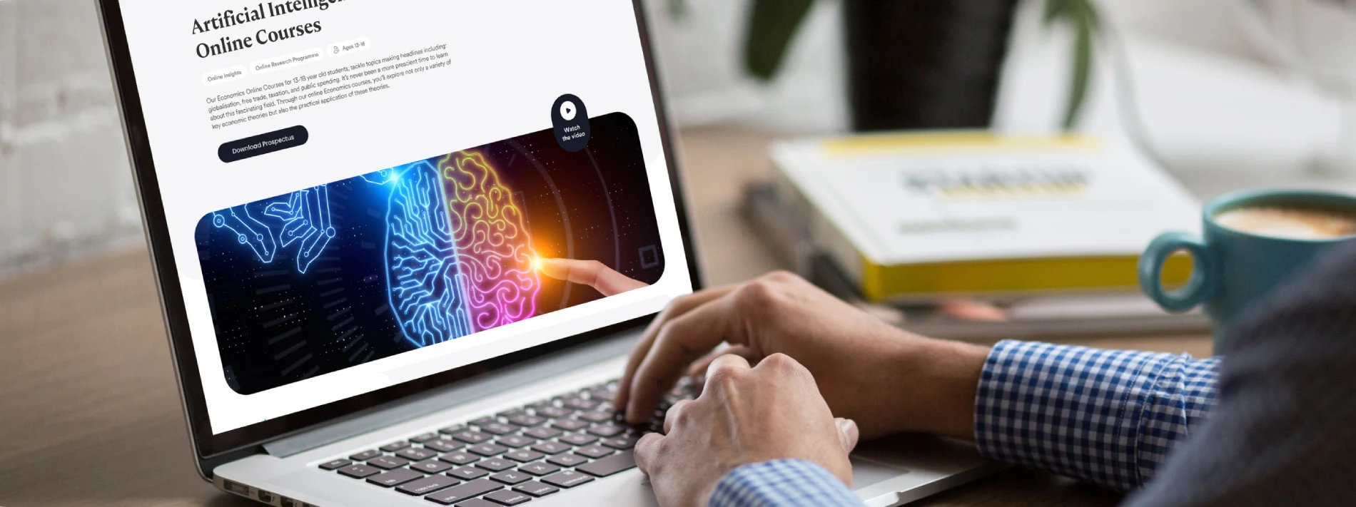 A person looking at the laptop that shows Artificial Intelligence.