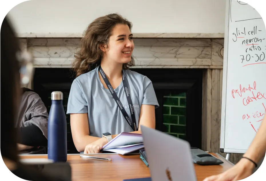 A student listening happily.