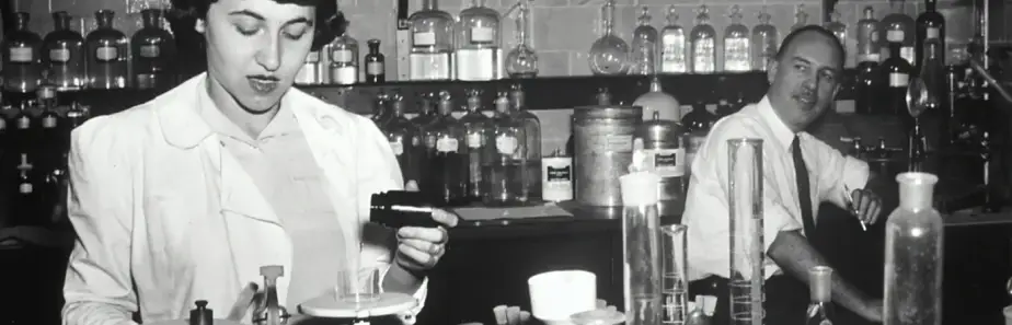 Dr. Jonathan Hartwell and his assistant Sylvy R. Levy Kornberg conduct some of the earliest chemotherapy tests at the National Cancer Institute, about 1950.