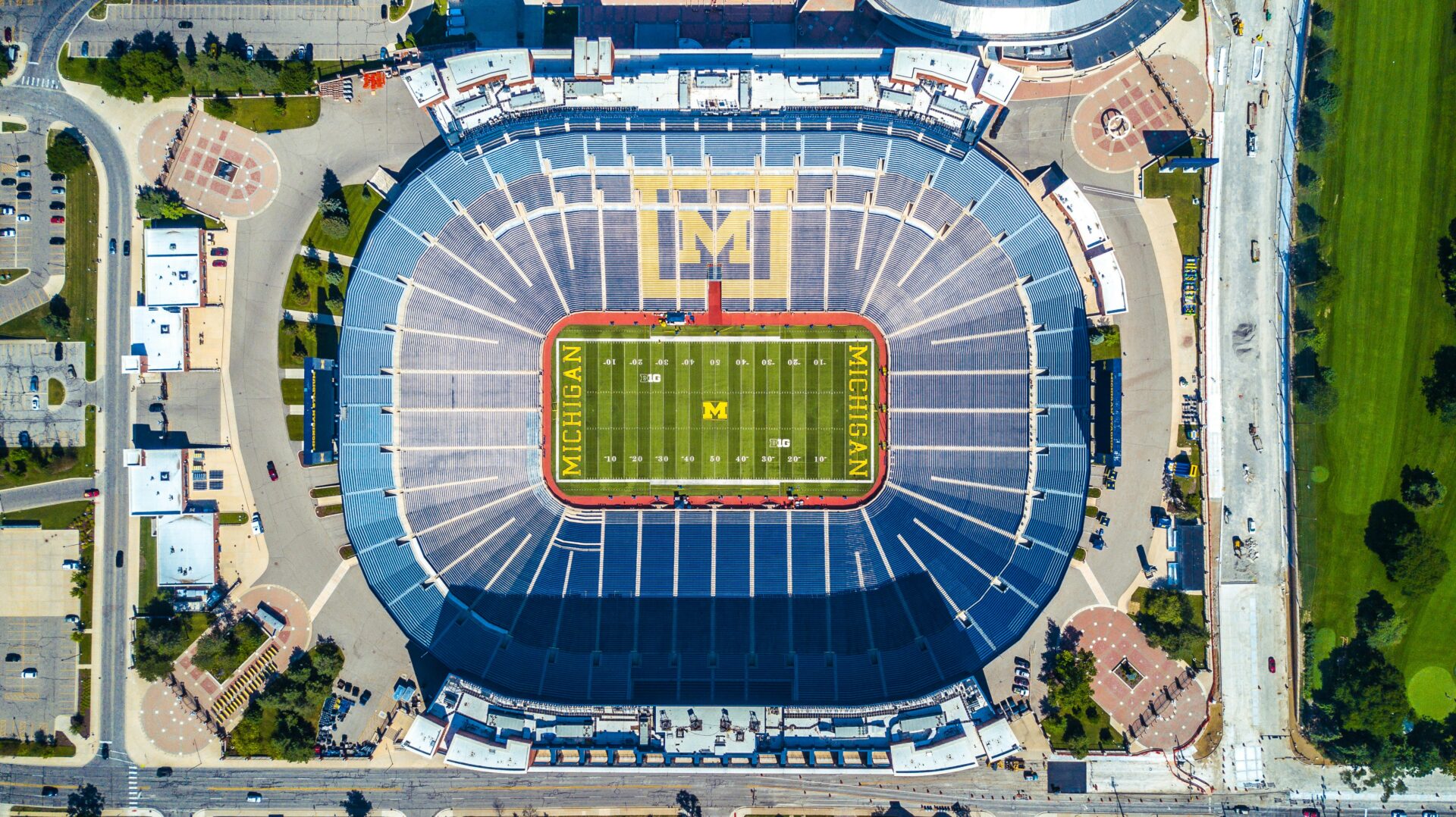 Michigan university sports field from above