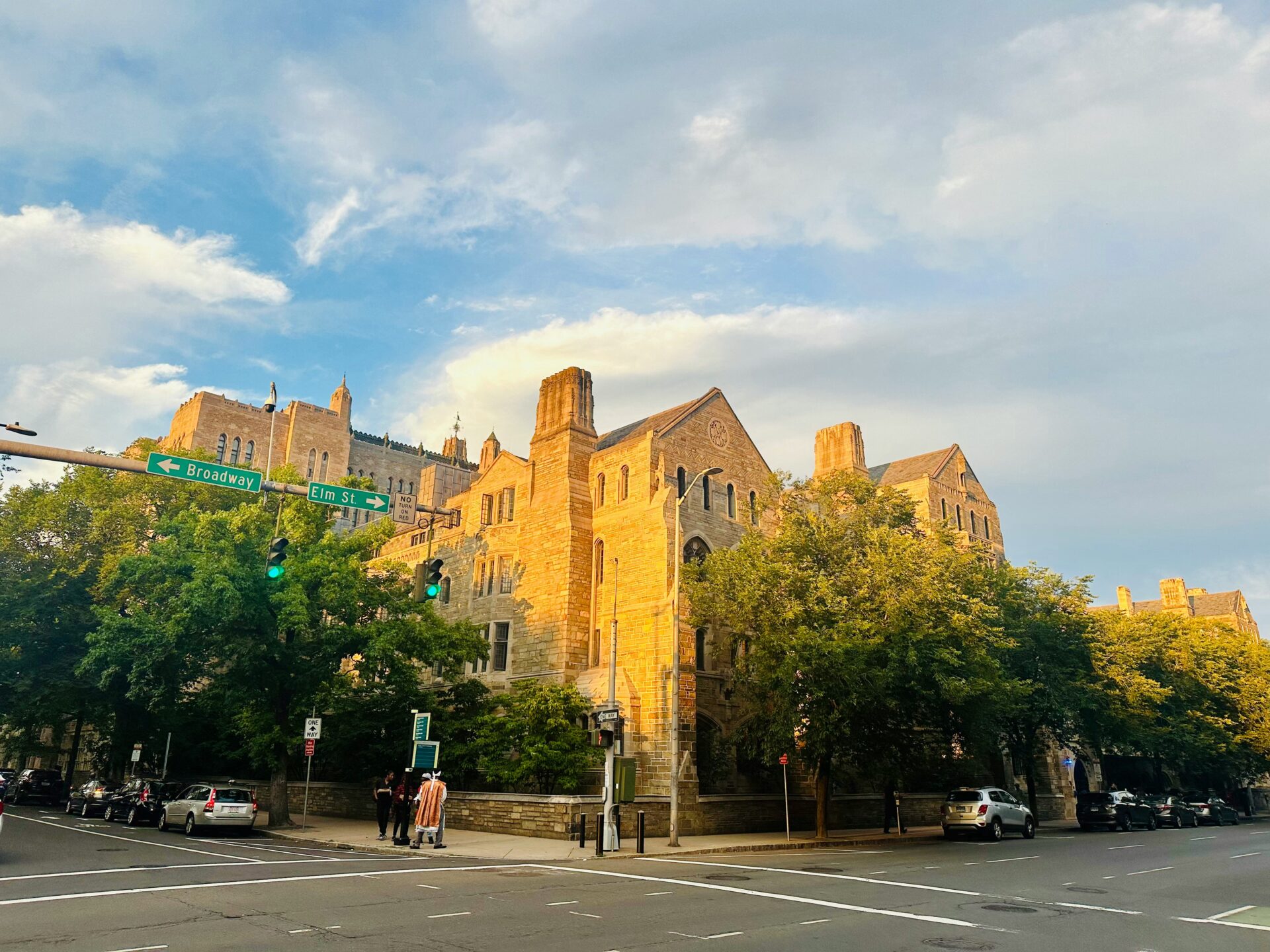 sunlit buildings on a street corner in Yale